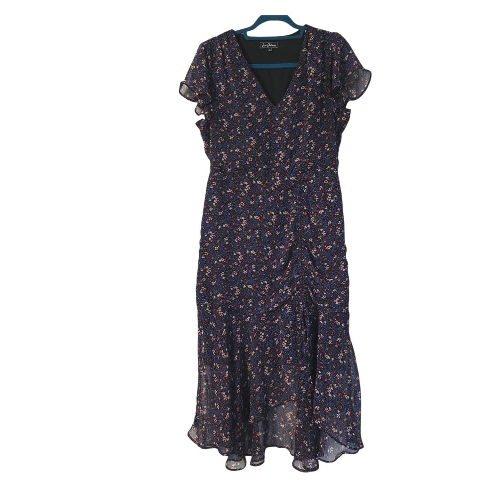 Sam Edelman Floral Flutter Sleeve Ruched High Low Midi Dress Navy Blue Womens 12